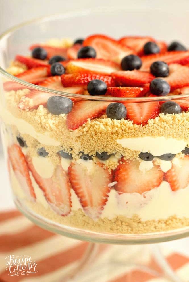 Patriotic Dirt Pudding - An easy and absolutely delicious dessert perfect all summer long.  It's layers of cream cheese and vanilla pudding with golden oreos, strawberries, and blueberries!