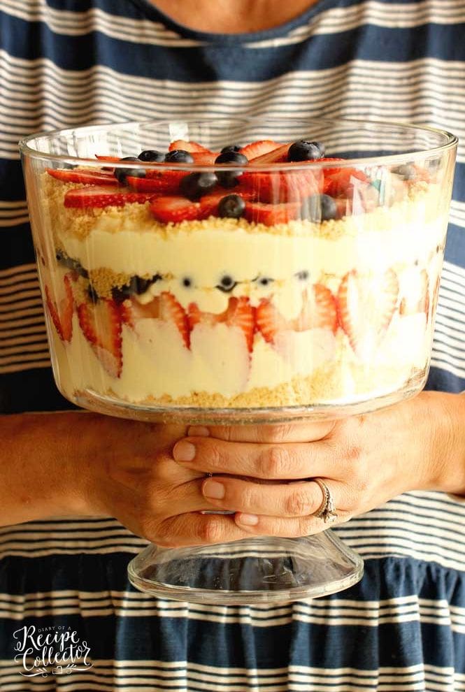 Patriotic Dirt Pudding - An easy and absolutely delicious dessert perfect all summer long.  It's layers of cream cheese and vanilla pudding with Golden Oreos, strawberries, and blueberries!