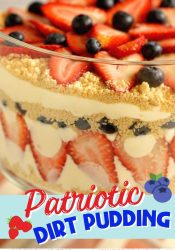 Patriotic Dirt Pudding - An easy and absolutely delicious dessert perfect all summer long. It's layers of cream cheese and vanilla pudding with Golden Oreos, strawberries, and blueberries!