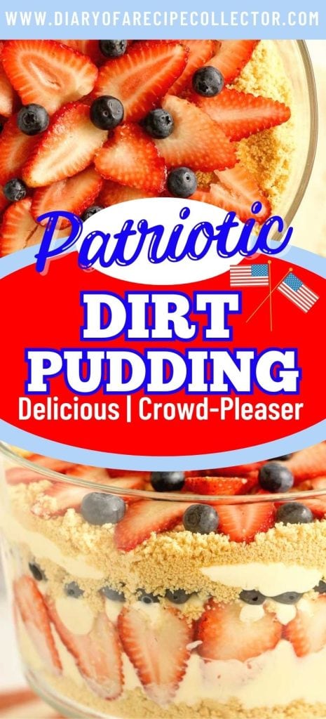 Patriotic Dirt Pudding - An easy and absolutely delicious dessert perfect all summer long.  It's layers of cream cheese and vanilla pudding with Golden Oreos, strawberries, and blueberries!