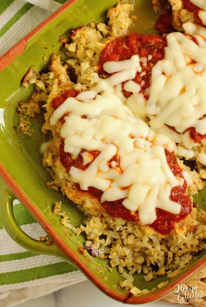 Skinny Cauliflower-Crusted Chicken -An easy low-carb chicken parmesan recipe. It goes great with a green veggie or green salad. It's perfect for meeting those protein and calorie goals!