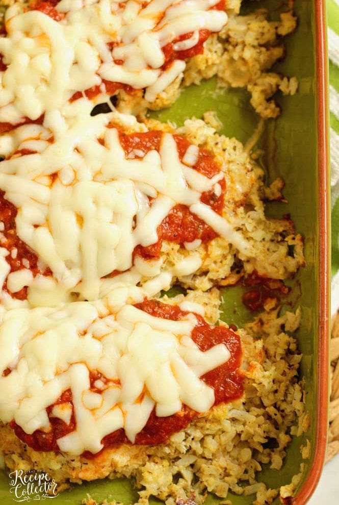 Skinny Cauliflower-Crusted Chicken -An easy low-carb chicken parmesan recipe. It goes great with a green veggie or green salad. It's perfect for meeting those protein and calorie goals!