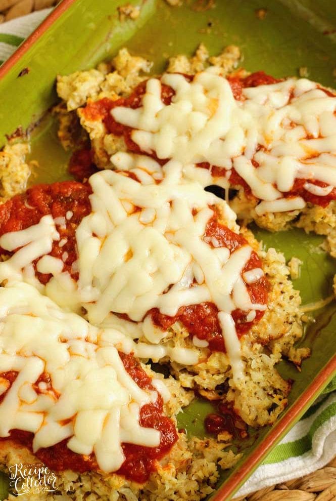 Skinny Cauliflower-Crusted Chicken -An easy low-carb chicken parmesan recipe. It goes great with a green veggie or green salad. It's perfect for meeting those protein and calorie goals!