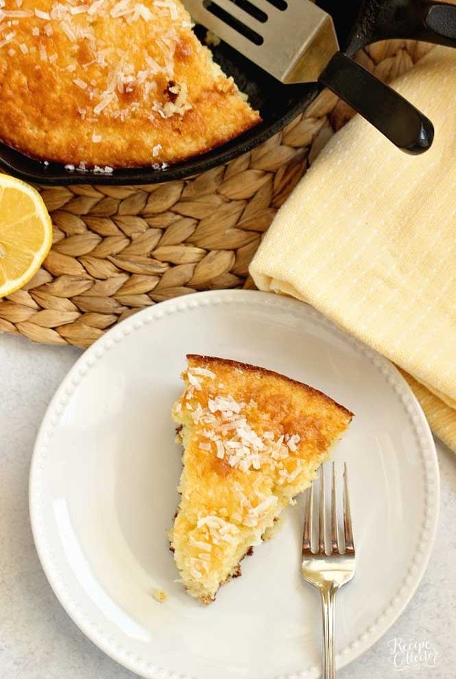 Easy Lemon Coconut Skillet Cake - All lemon lovers will delight in this easy recipe with an extra lemony flavor and soaked in a sweet lemon coconut glaze.