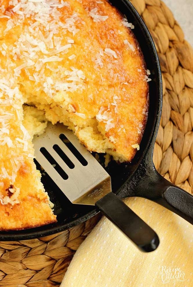 Easy Lemon Coconut Skillet Cake - All lemon lovers will delight in this easy recipe with an extra lemony flavor and soaked in a sweet lemon coconut glaze.
