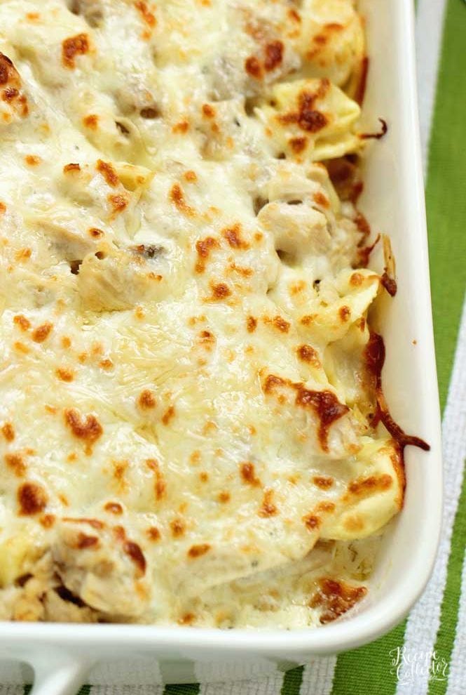 Easy Chicken Tortellini Pasta Bake - A quick creamy pasta recipe filled with a delicious homemade basil Alfredo sauce, cheese tortellini, rotisserie chicken, and shredded mozzarella cheese.