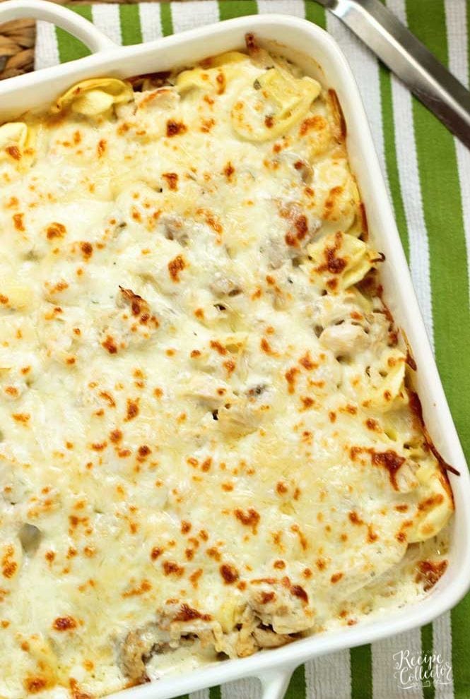 Easy Chicken Tortellini Pasta Bake - A quick creamy pasta recipe filled with a delicious homemade basil Alfredo sauce, cheese tortellini, rotisserie chicken, and shredded mozzarella cheese.