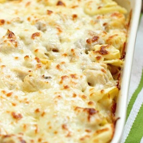 Easy Chicken Tortellini Pasta Bake - A quick creamy pasta recipe filled with a delicious homemade basil Alfredo sauce, cheese tortellini, rotisserie chicken, and shredded mozzarella cheese.