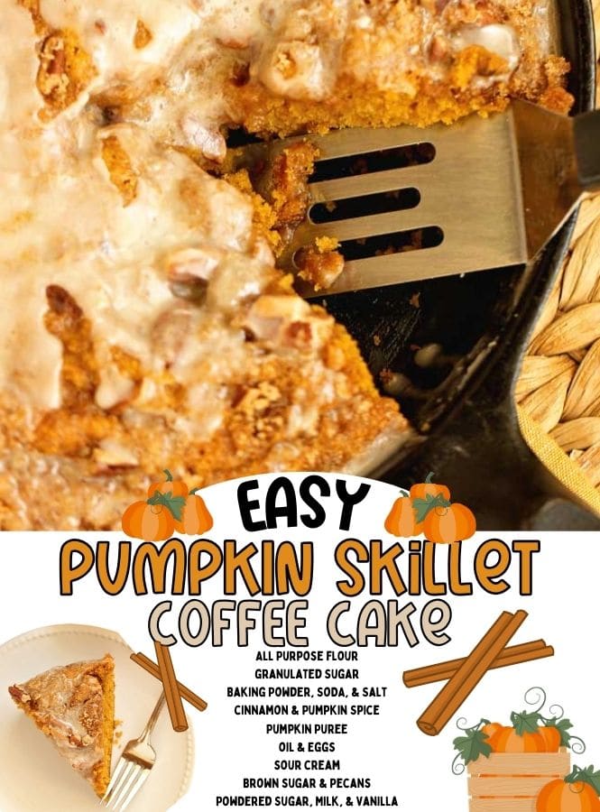 Easy Pumpkin Skillet Coffee Cake - An easy pumpkin recipe perfect for fall. It comes together in one bowl and then it's topped with a sugared pecan topping and an easy glaze.