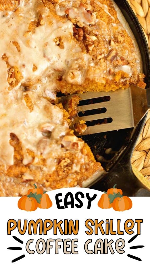 Easy Pumpkin Skillet Coffee Cake - An easy pumpkin recipe perfect for fall. It comes together in one bowl and then it's topped with a sugared pecan topping and an easy glaze.