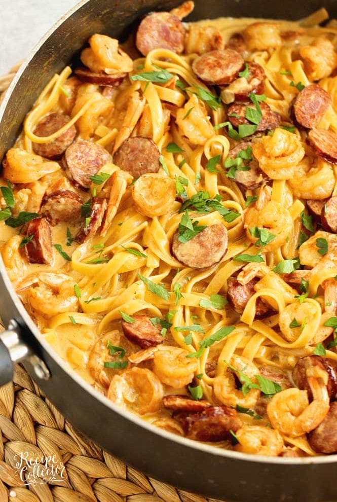 One Pot Blackened Shrimp and Sausage Pasta - Sauteed sausage and blackened shrimp with a creamy Cajun flavored Alfredo sauce.