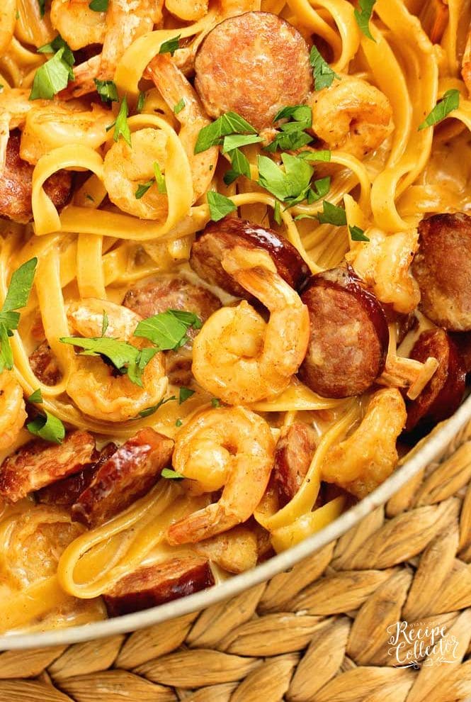 One Pot Blackened Shrimp and Sausage Pasta - Sauteed sausage and blackened shrimp with a creamy Cajun flavored Alfredo sauce.