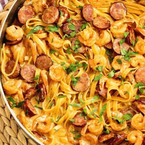 One Pot Blackened Shrimp and Sausage Pasta - Sauteed sausage and blackened shrimp with a creamy Cajun flavored Alfredo sauce.