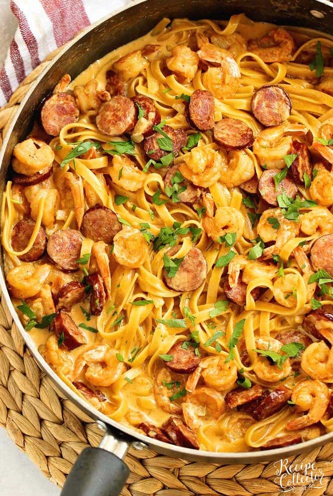 One Pot Blackened Shrimp and Sausage Pasta - Sauteed sausage and blackened shrimp with a creamy Cajun flavored Alfredo sauce.