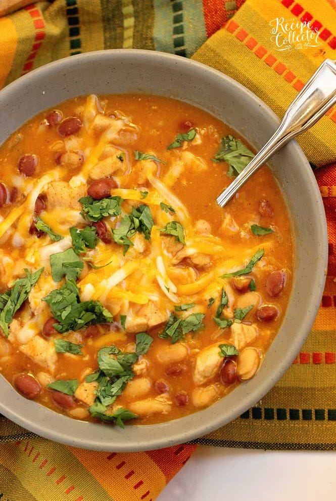 Easy Chicken, Bean, and Cheese Soup - A cozy soup recipe filled with chicken, chili beans, taco seasoning, and broth.  It's an easy and comforting idea for your next dinner!