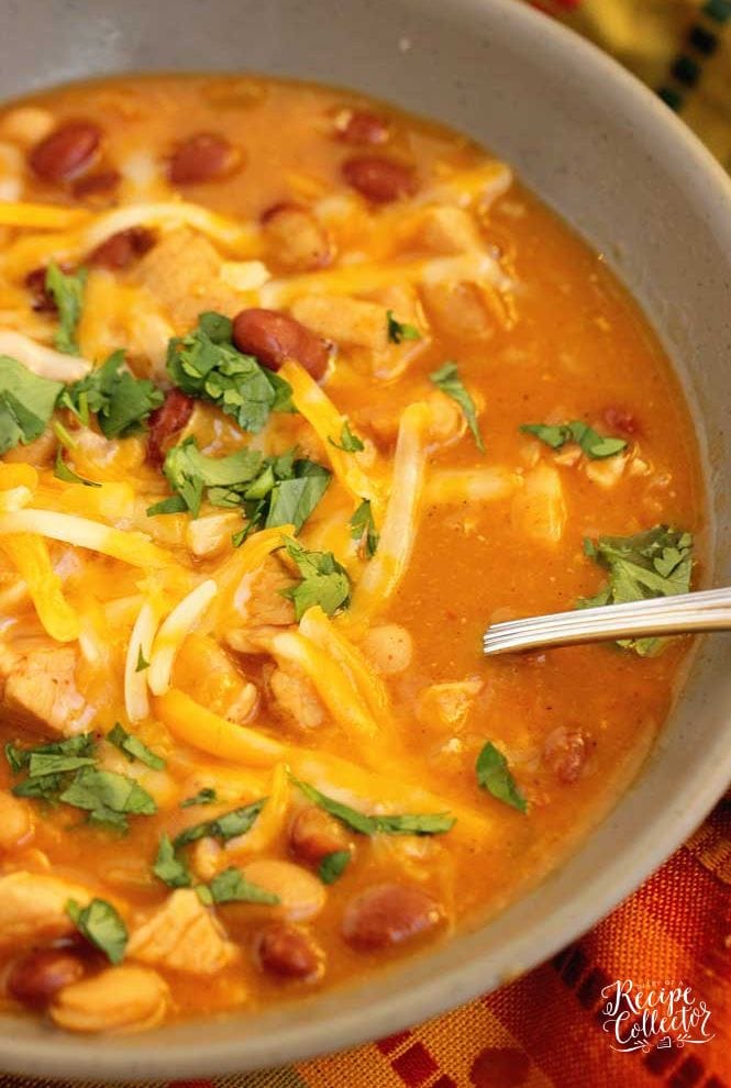 Easy Chicken, Bean, and Cheese Soup - A cozy soup recipe filled with chicken, chili beans, taco seasoning, and broth.  It's an easy and comforting idea for your next dinner!