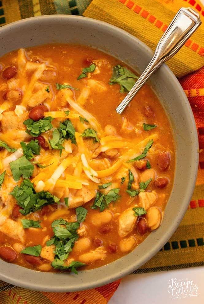 Easy Chicken, Bean, and Cheese Soup - A cozy soup recipe filled with chicken, chili beans, taco seasoning, and broth.  It's an easy and comforting idea for your next dinner!