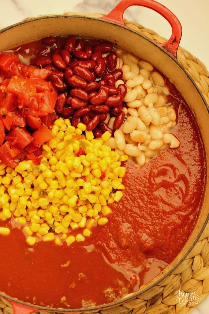 A delicious and hearty soup filled with ground beef, enchilada sauce, beans, tomatoes, and corn.