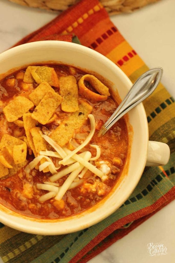 A delicious and hearty soup filled with ground beef, enchilada sauce, beans, tomatoes, and corn.