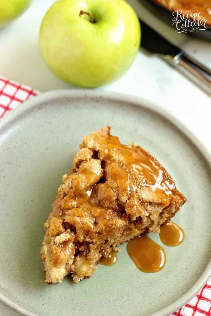 Caramel Apple Skillet Cake is loaded with shredded apples, swirled with brown sugar, and topped with salted caramel. Cozy fall baking at its best.