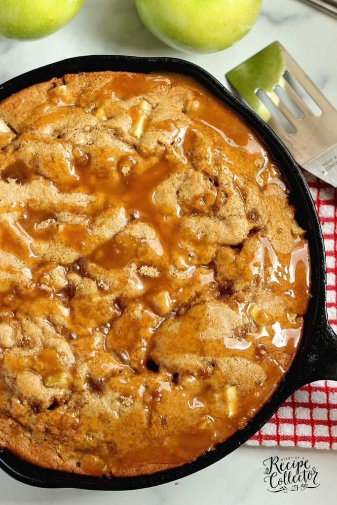Caramel Apple Skillet Cake is loaded with shredded apples, swirled with brown sugar, and topped with salted caramel. Cozy fall baking at its best.
