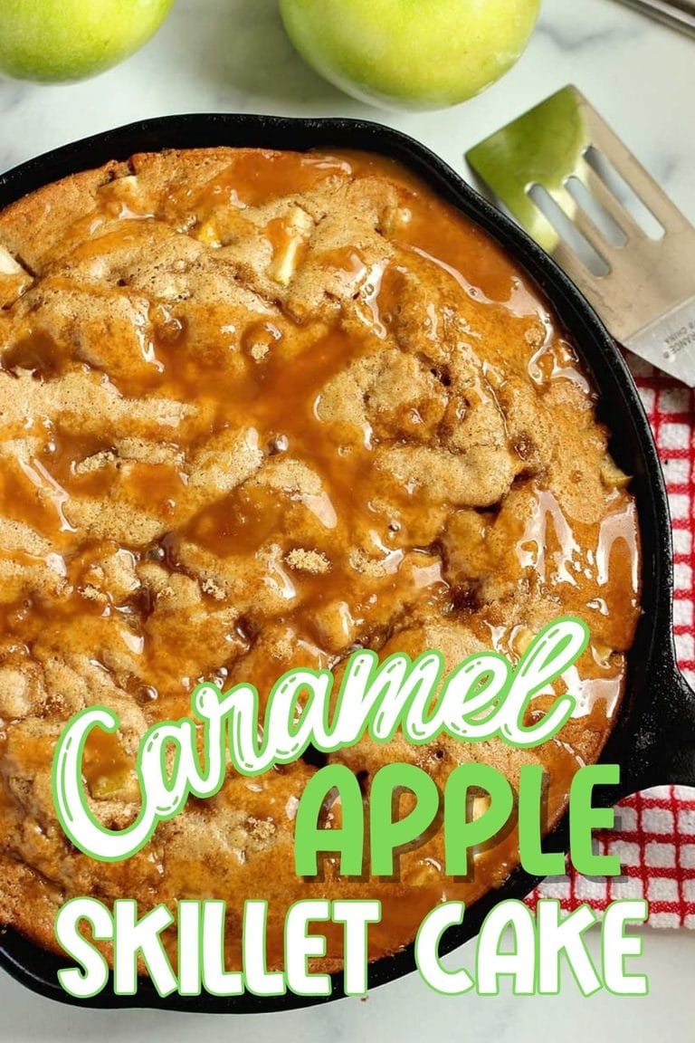 Caramel Apple Skillet Cake is loaded with shredded apples, swirled with brown sugar, and topped with salted caramel. Cozy fall baking at its best.
